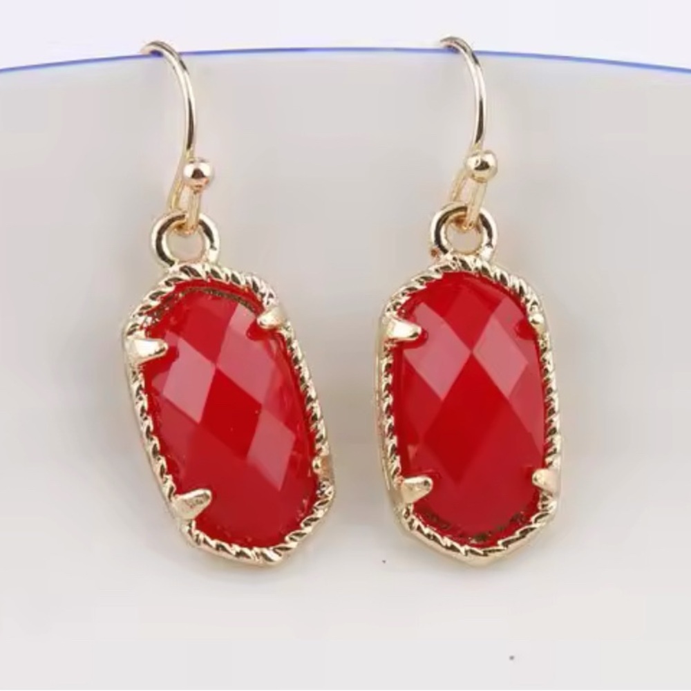 Small Gold Red Oval Hexagon Faceted Geometric Dangle Earrings